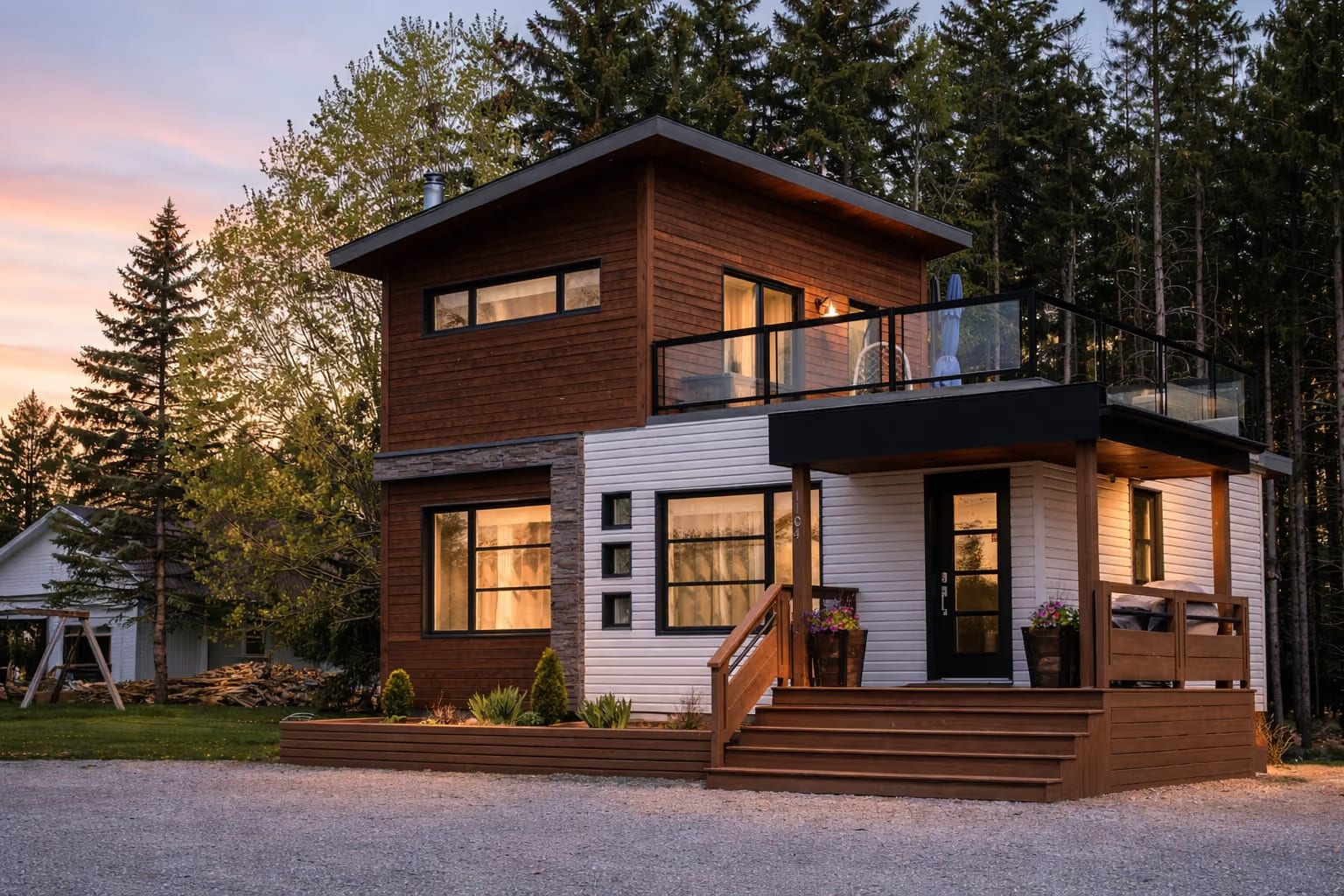 Façade moderne de la maison au crépuscule